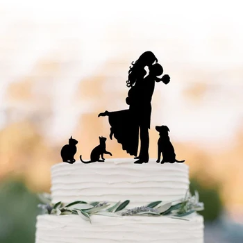 Aile Düğün Pastası topper, Çift ve iki kedi köpek Kek Topper siluet, kek topper gelin ve damat öpüşme siluet