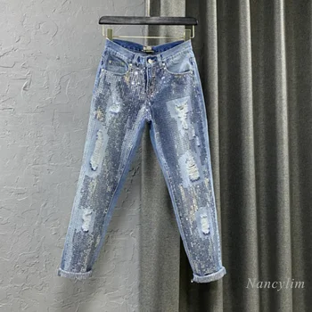Büyük Boy Kot Pantolon Kadın Harem Pantolon 2022 Yeni Yaz Sonbahar Nakış Sequins Açık Mavi Yırtık Delik Kot Femme