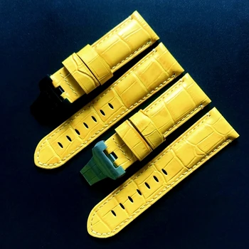 Kaliteli 24mm Sarı Timsah desen Hakiki Deri Watchband Panerai İçin PAM111 441 312 saat kayışı Kelebek Toka Bilezik