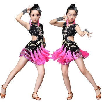 Saçak Kızlar Profesyonel Rekabet Latin Dans Elbise Siyah Balo Salonu dans kostümü Modern Dans Elbise Sahne Parti Festivali