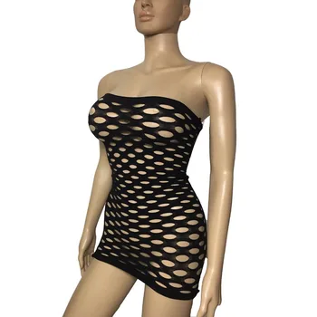 Seksi Kadınlar Kesilmiş Boob Tüp Mini Elbise Jumbo Net Straplez Bodycon Sıska Dikişsiz Örgü Fishnet Bodysuit İç Çamaşırı