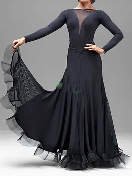 Siyah Balo Salonu Yarışması dans elbiseleri Kadınlar Yüksek Kalite Flamenko Etek bayan Zarif Uzun Kollu Standart Balo Salonu Elbise