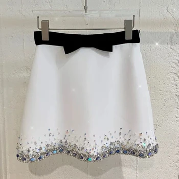 Tasarım Lüks Elmas Hem Kadınlar Yüksek Bel Etek Yay Beyaz A-Line Mini Etek Seksi Zarif parti giysileri 2021