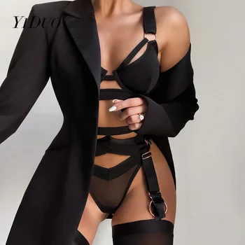 YiDuo Goth iç çamaşırı seti Seksi İç Çamaşırı Şehvetli Örgü İç Çamaşırı Kadın Jartiyer 3 Parça Set Siyah Balenli Sütyen Kısa Setleri gece elbisesi